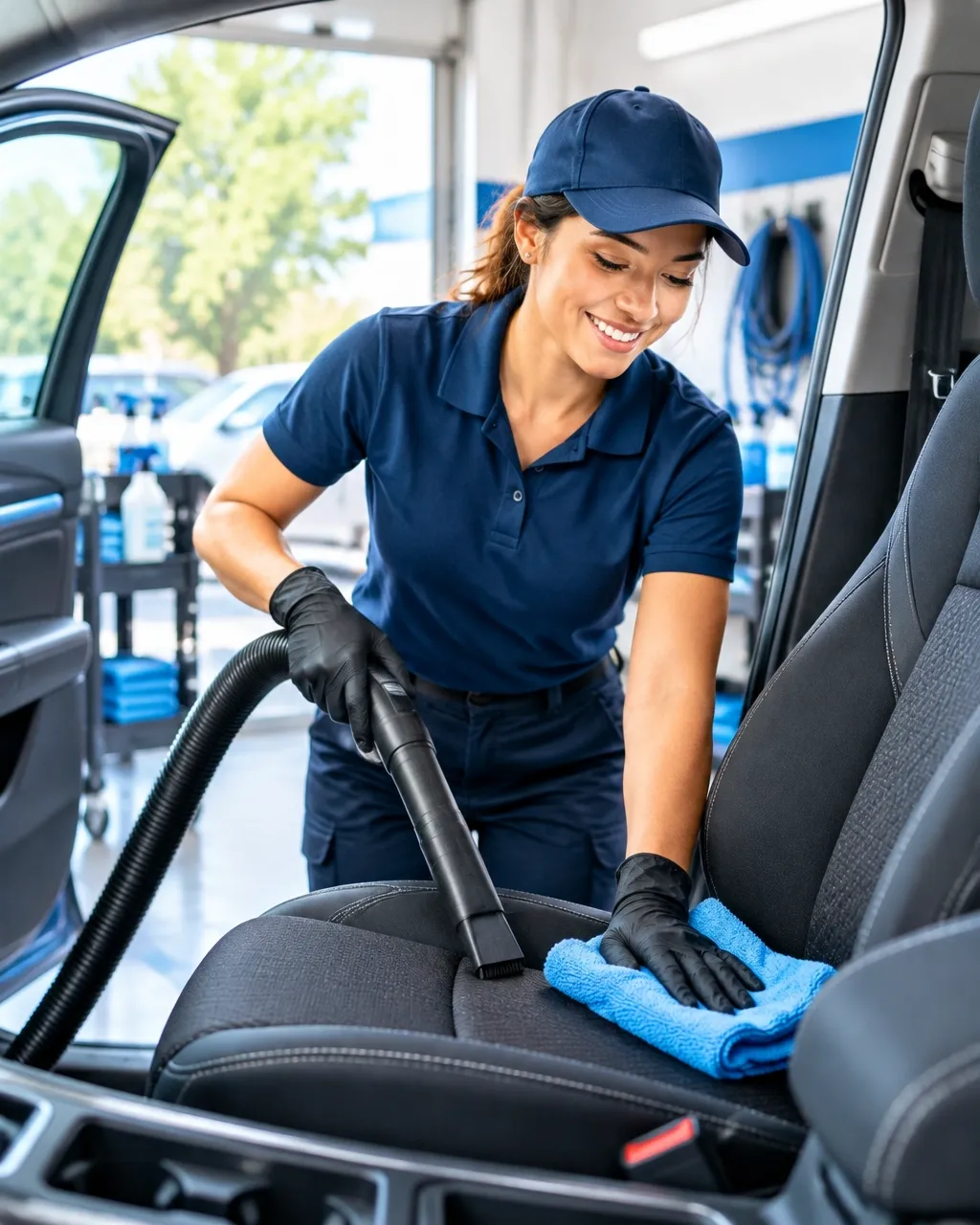 Professional detailer carefully cleaning the inside of a vehicle
