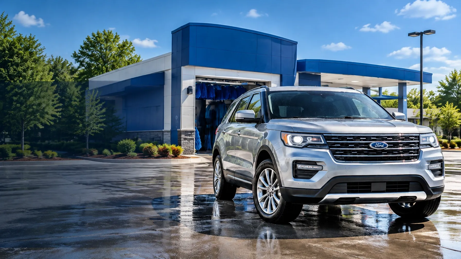Freshly washed silver Ford Explorer outside a modern car wash on a sunny day