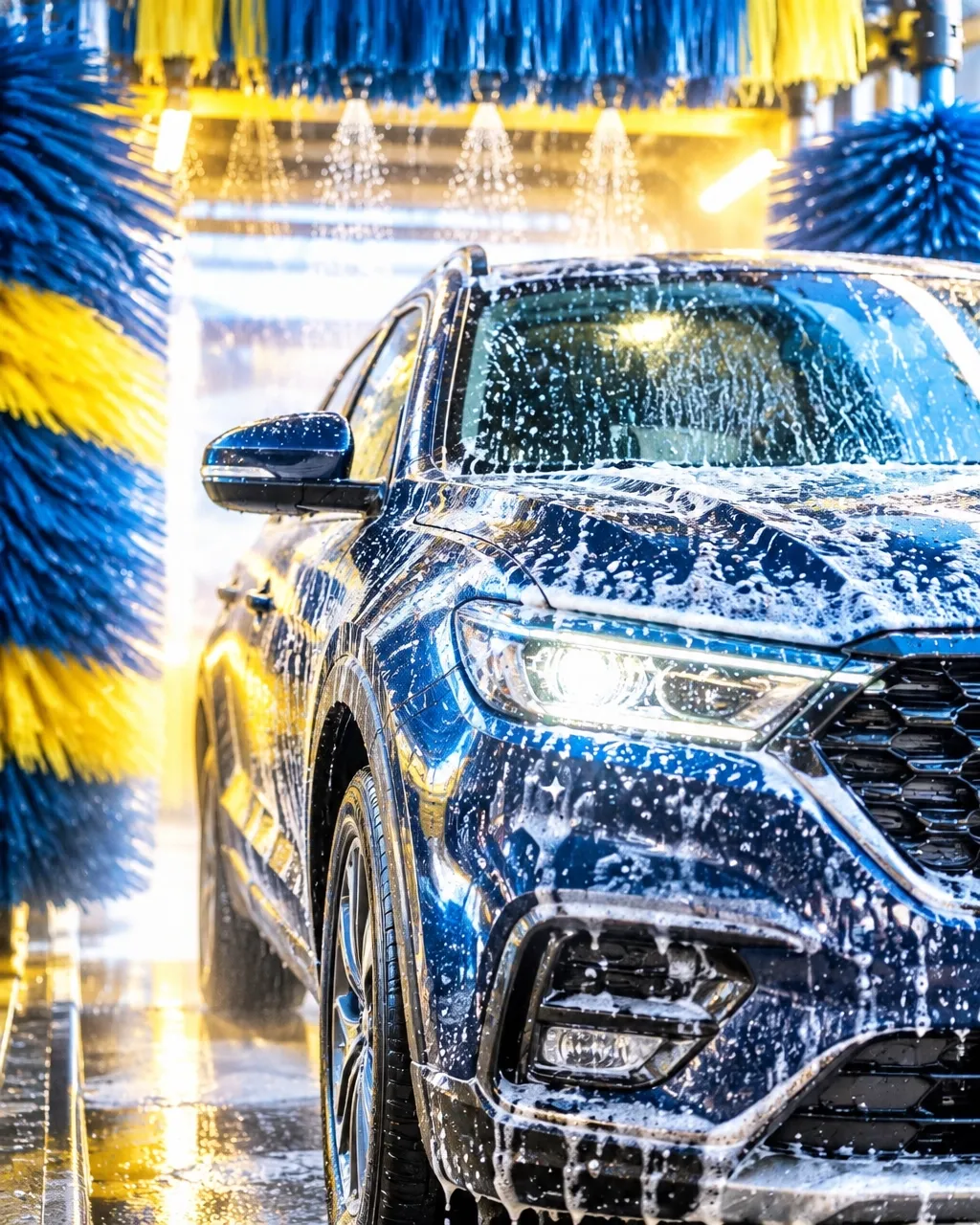A car getting a foamy wash in a bright automatic tunnel